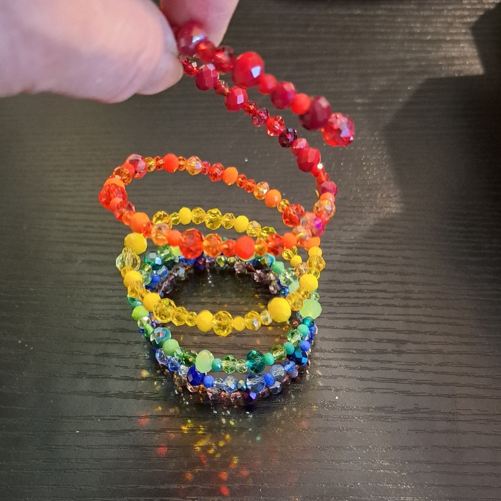 Pride/ Rainbow Faceted Glass & Crystal Beaded Memory Wire Bracelet